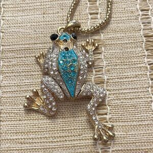 Gold-Tone Turquoise Crystal Frog Pendant Necklace